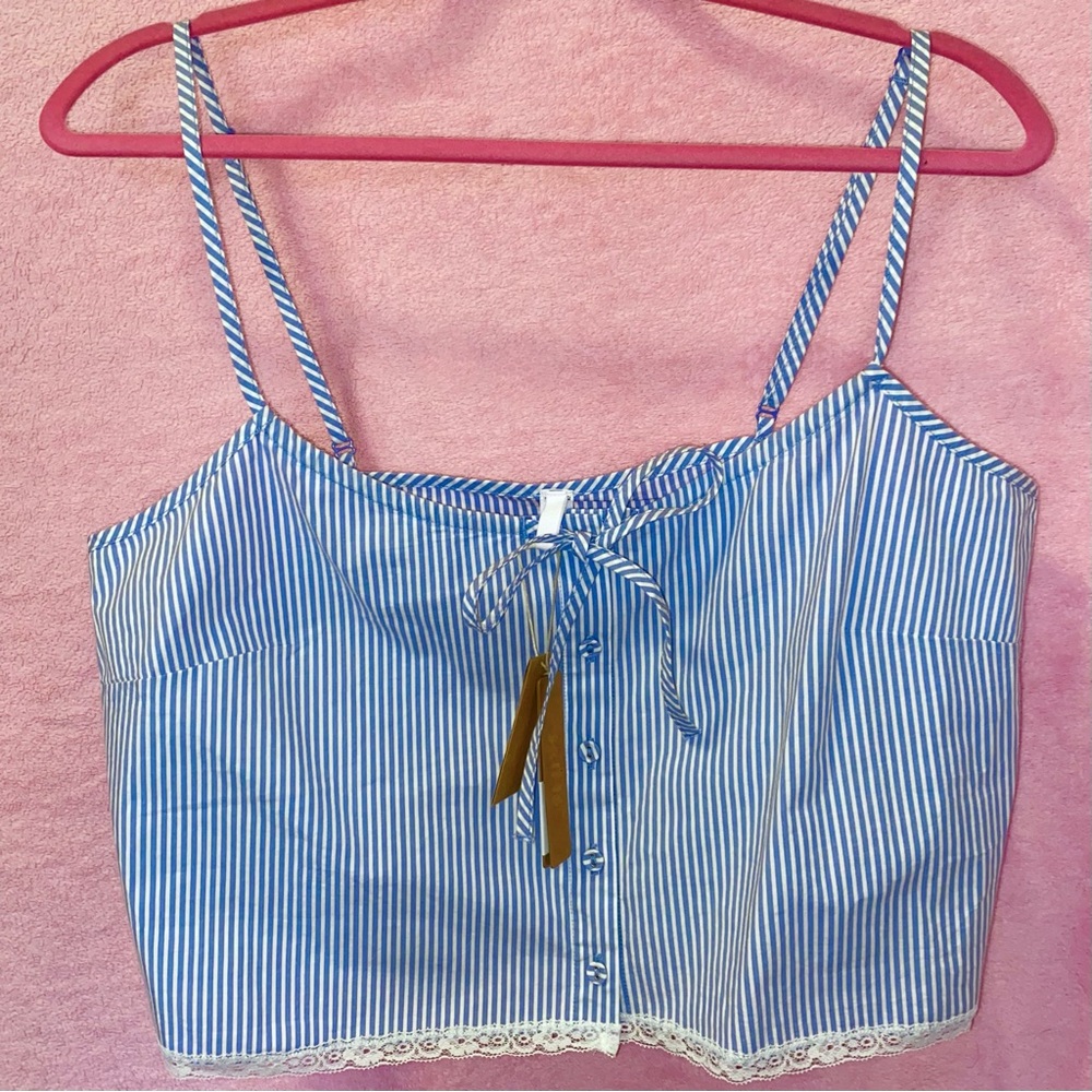 SKIMS Blue Cadet Light Blue White Stripe Pajama Tank Cotton Lace Large Pajama